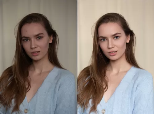 Профессиональная ретушь портрета девушки в голубом кардигане до и после обработки в студии